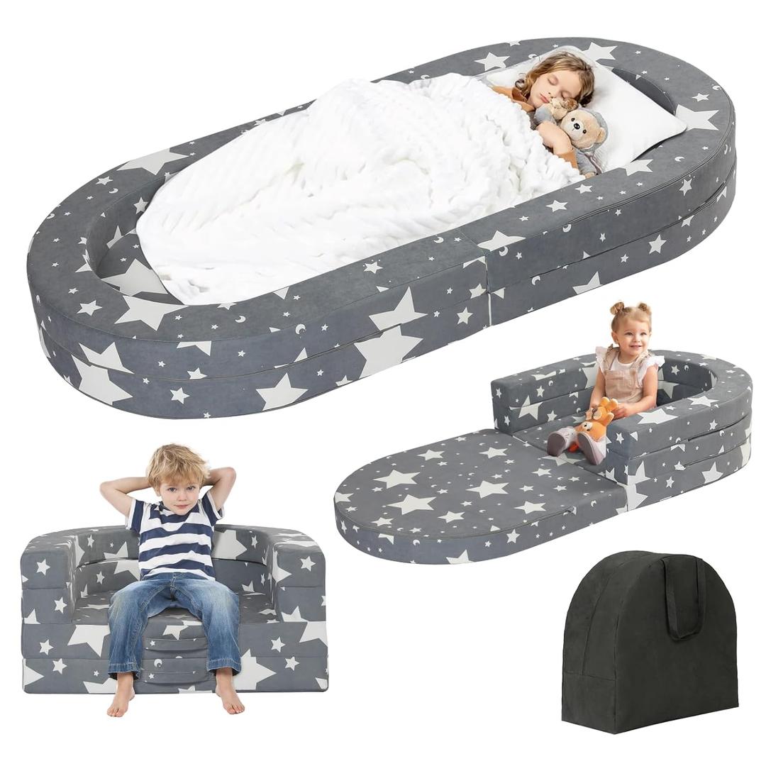 Travel Toddler Bed, 3-in-1 Portable Foldable Toddler Chair,Soft Foam Floor Bed Lounger with Washable Cover,Star