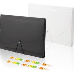 Accordian File Organizer 13 Pocket Expanding File Folder with Labels, A4 Letter Size Paper Document Receipt Organizer Portable Accordion Filing Folder for Classroom, Home, Office (Black+White) (2 Pack / Bk+wh)
