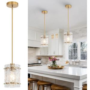 Gold Glass Pendant Lights Kitchen Island, Water Ripple Round Pendant Lights Adjustable Modern Hanging Pendant Light Fixtures for Kitchen Island Dining Room Above Sink Foyer Entryway 1 Pack