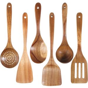 6 Pcs Acacia Wooden Spoons for Cooking, Heat Resistant Wooden Utensils Sets for Non-Stick Multifunctional Smooth Finish Wood Kitchen Spatula Set with Handle for Stir Fry, Soup, Cooking