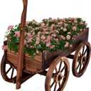 Wood Wagon Planter Box, Rustic Decorative Wooden Garden Planter Flower Pot Cart Stand Display with Wheels & Handle Indoor Outdoor Decor for Herb Vegetable Patio Backyard Balcony (1 PCS, Movable)