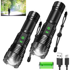 2Pack Rechargeable Flashlights, 100000 High Lumens Super Bright Led Tactical Flashlight with 5 Modes, High Power Waterproof Dual Button/Dual interfaceFlashlight for Emergency, Outdoor, Camping