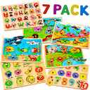 5 Pack Wooden Puzzles for Toddlers 2 3 4 5 Years Old - 7 Colorful Chunky Wood Peg Puzzles for Kids Ages 2-5, Alphabet Shape Numbers Fruits Sea Animals Dinosaur Zoo - Educational Toddler Learning Toys