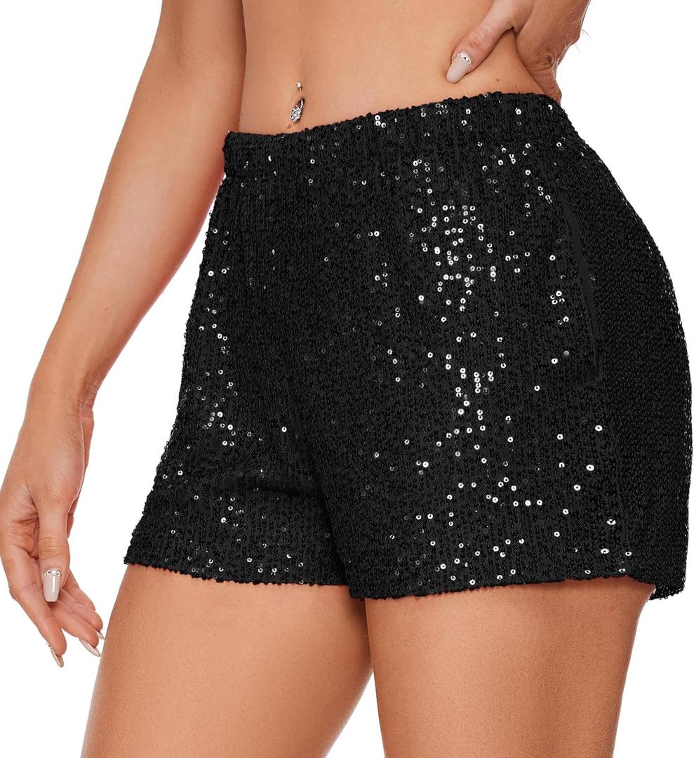 Zando Elastic High Waist Sequins Shorts for Women Solid Glitter Straight Leg Hot Bottom for New Year Disco Party Club Concert (XX-Large, Black)