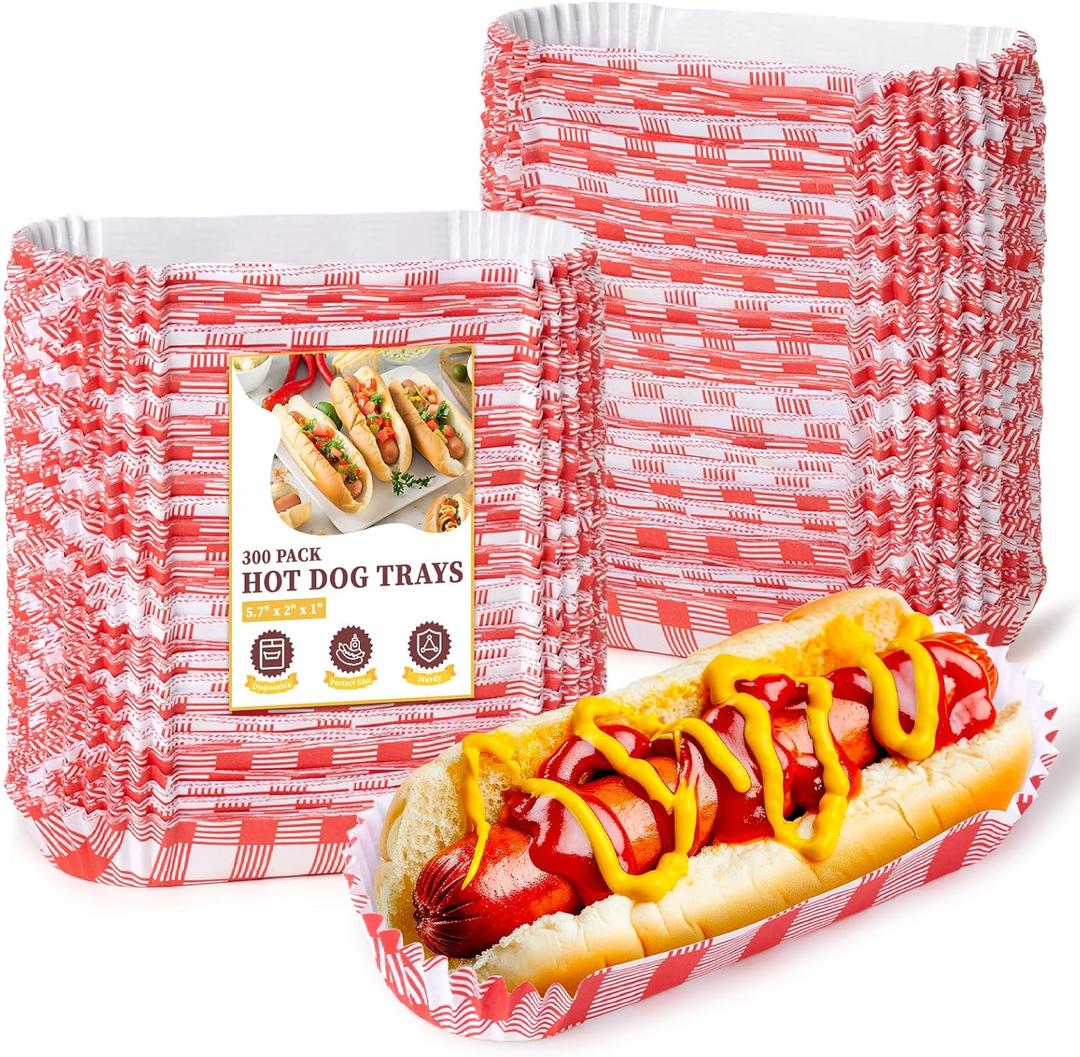 300 Pcs Paper Hot Dog Trays, Small Disposable Hot Dog Boats Fluted to Go Food Holders for Concession Stand, Party, Food Truck (Red)