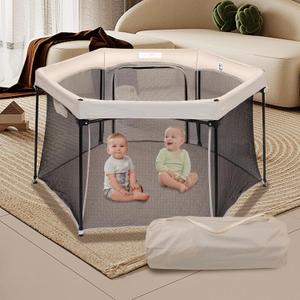 Baby Playpen 53x53 Inch, Indoor/Outdoor Portable Play Yard No Extra pad Required with Breathable Mesh Walls, Enclosed Safe Space for Babies, Quick Foldable Playpen for Home Travel Park (Khaki)