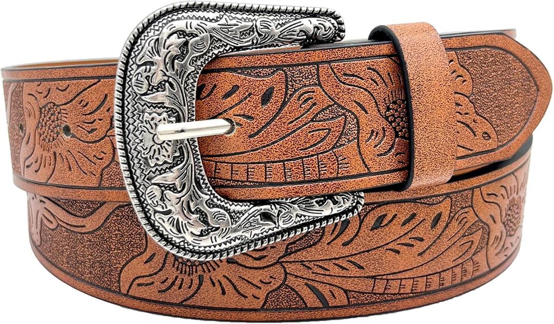 Cowgirl Belt Western Belt for Women Men Floral Cowboy Belts with Buckle Carving Leather Country Belt for Jeans Pants (45nch(Fit waist:34-39inch))