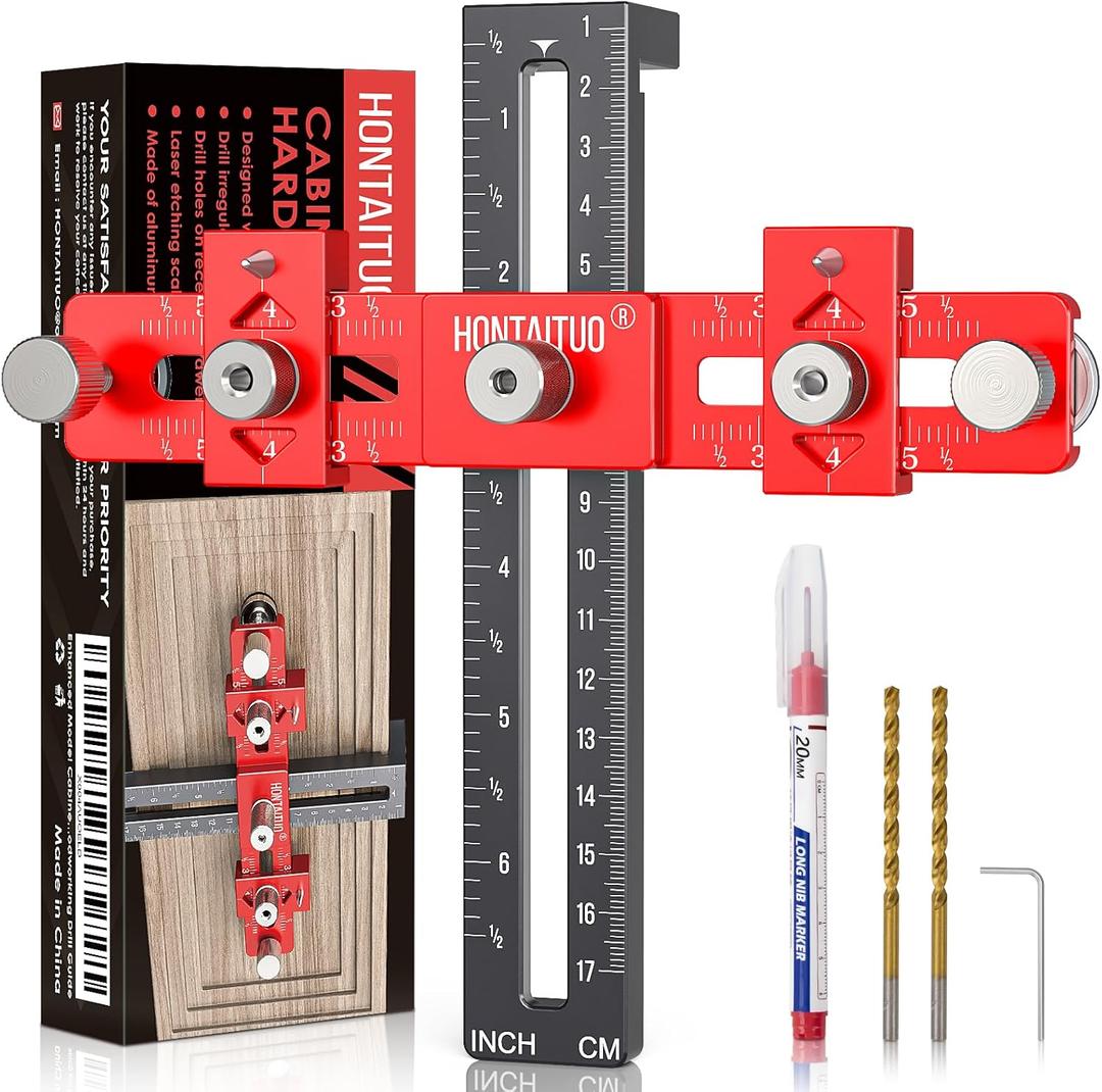 Enhanced Model Cabinet Hardware Jig,Adjustable Cabinet Handle Template Tool for Knobs,Handles and Pulls,Drawer Hardware Jig for Drawer Cabinet Installation,High Precise Woodworking Drill Guide (Red)