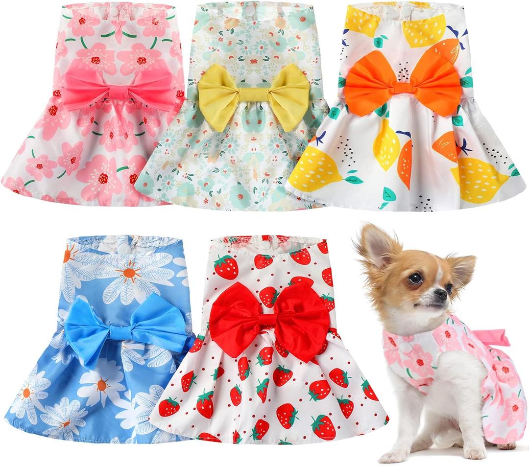 5 Pieces Dog Clothes Girl Dog Dresses Floral Puppy Dresses Pet Cat Princess Bowknot Clothes Cute Puppy Summer Outfits for Yorkie Female Cat Pets, 5 Styles(Cute Style,X-Small)