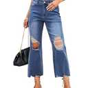 luvamia Wide Leg Jeans for Women Trendy High Waisted Flare Ripped Cropped Jeans Stretchy Distressed Denim Pants Raw Hem Trouser Jeans for Women Womens Distressed Jeans Medium Blue Size 20 Size 22