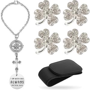 Car Interior Accessories Kit,Bling Four leaf clover-shaped cars air vent ornament car Hanging Cross Ornament for Car Mirror and magnetic leather sunglasses holder of decorative for your vehicle