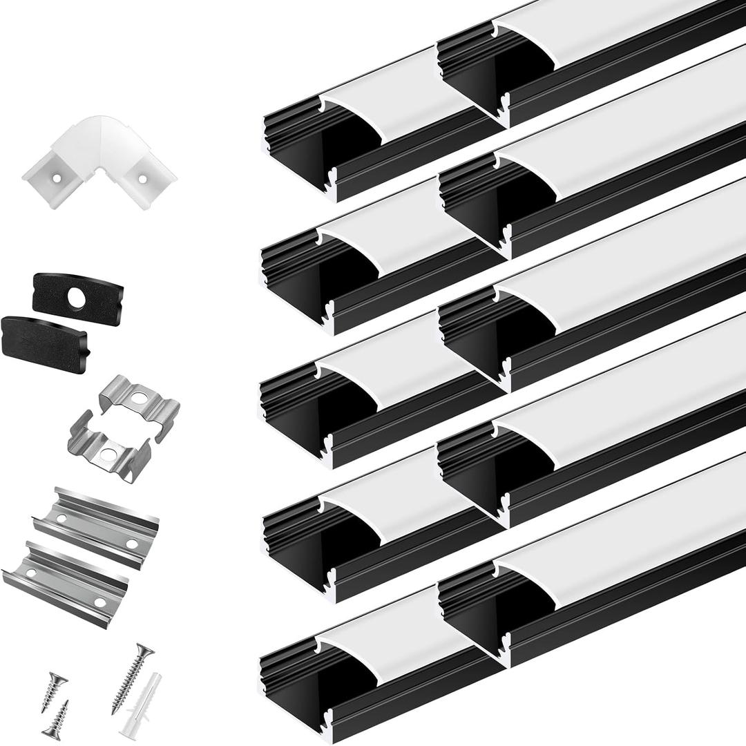 10-Pack 3.3ft/1Meter U Shape Black LED Aluminum Channel System with Milky Cover, End Caps and Mounting Clips, Aluminum Channel Profile for LED Strip Light Diffuser Installations (10pack*3.3ft)