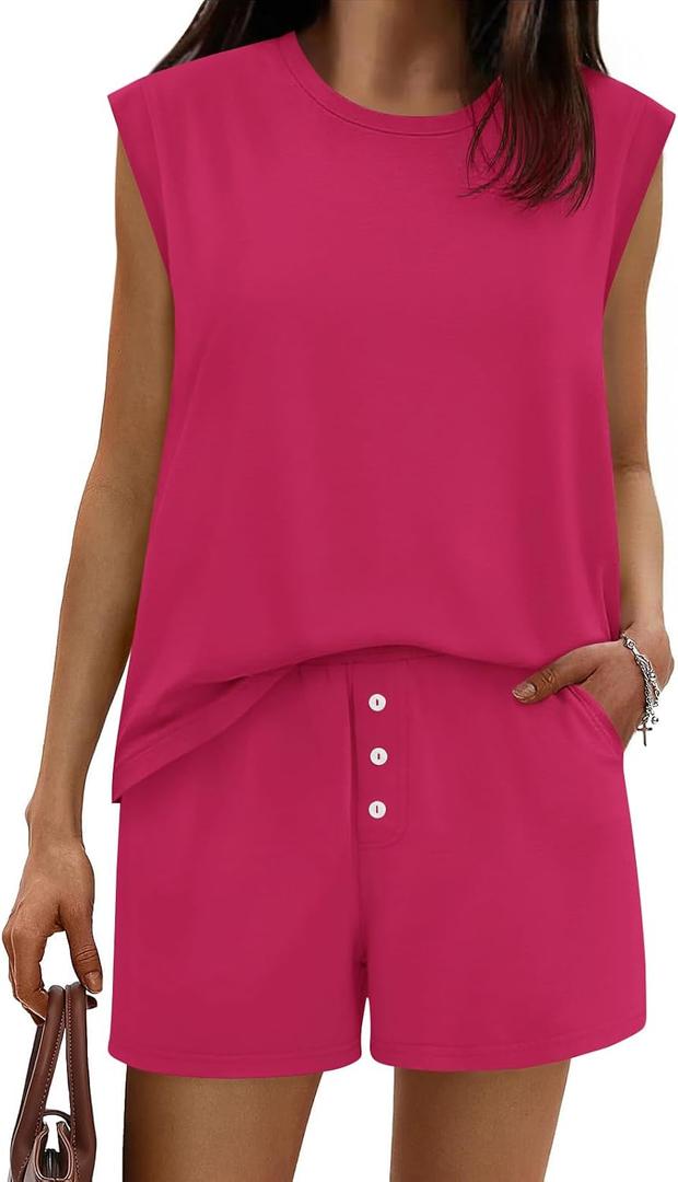 Tankaneo Womens 2 Piece Summer Outfits Casual Crewneck Sleeveless Tank Tops and Shorts Lounge Matching Sets (Pink, M)
