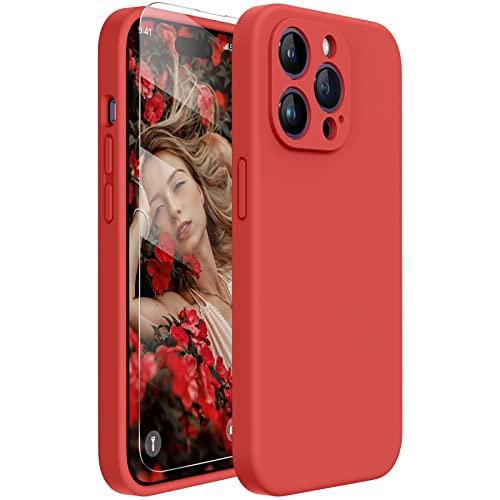 Miracase Designed for iPhone 14 Pro Max Phone Case with Screen Protector,[Upgraded Enhanced Camera Protection],Shockproof Liquid Silicone Case with Microfiber Lining,6.7 inch(Coral Red)