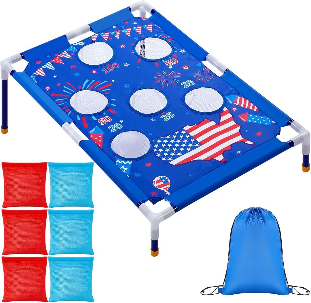 4th of July Bean Bag Toss Games with 6 Bean Bags American Flag Portable PVC Framed Corn Hole Game Set for Independence Day Patriotic Party Outdoor Game Party