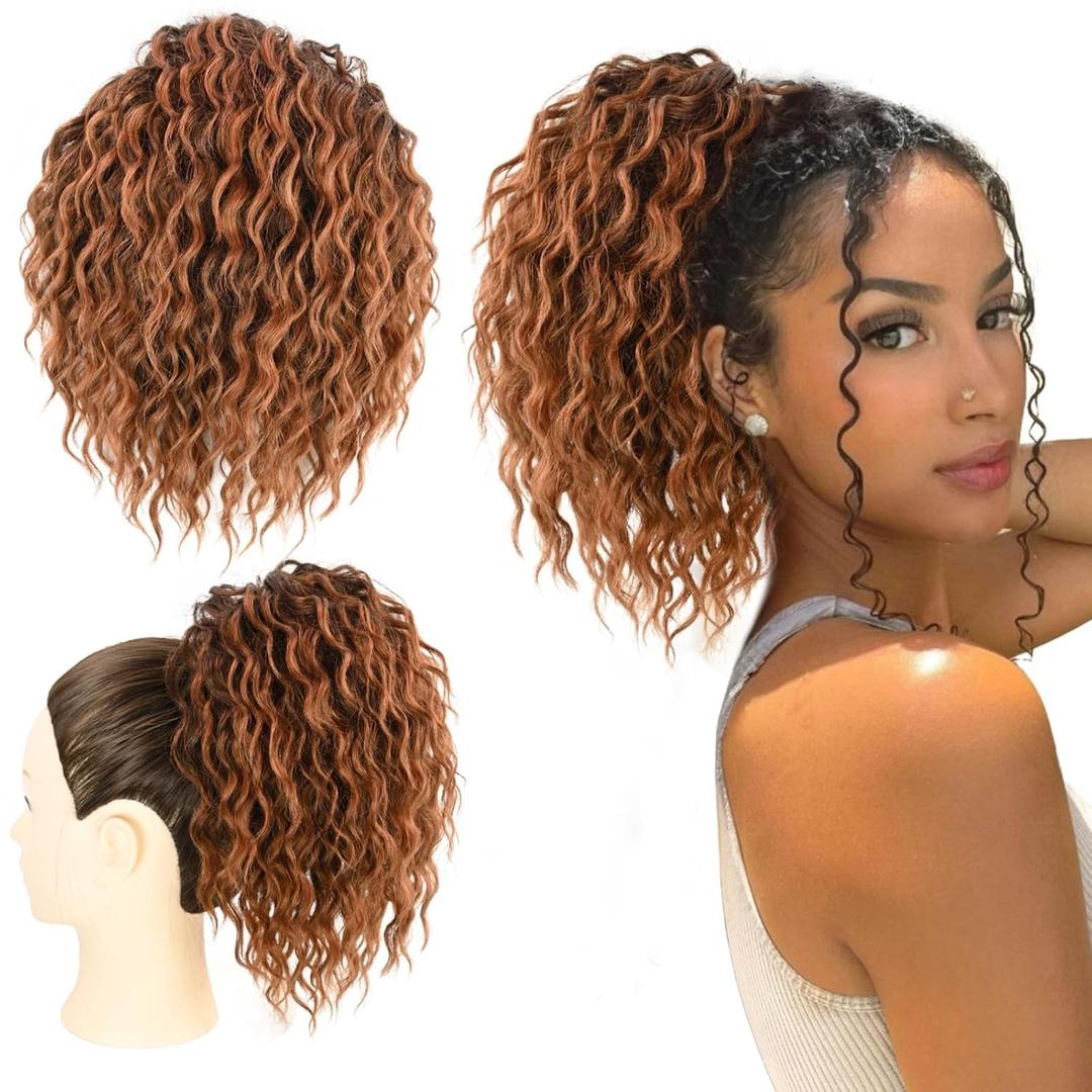 Messy Bun Hair Piece Elastic Drawstring 8inch Mix Brown with Black Loose Curls Bun Hair Extensions Synthetic Short Curly Yaki Hair Drawstring Ponytail for Women Daily Party Use(T30) (T30 Mix Brown with Black)