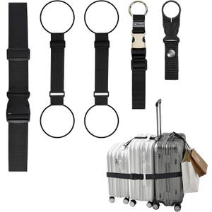 5-in-1 Luggage Straps for Suitcases, TSA Buckle Adjustable Elastic Luggage Connector Straps, Two Short and One Long, Fits Up to Three Suitcases in Mixed Sizes, Bottle Clip and Bag Hook, Black