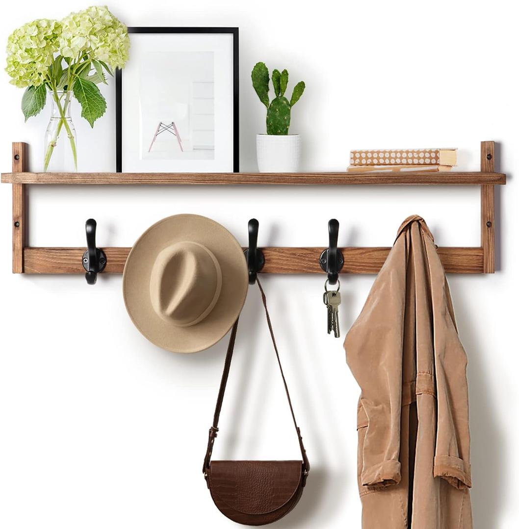 Tatub 29'' Coat Rack Wall Mount with Shelf, Wood Wall Hooks with Storage, Entryway Shelf with 5 Hangers for Bathroom, Living Room, Bedroom, Rustic Brown