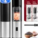 Simple Deluxe Stainless Steel Gravity Electric Salt & Pepper Grinder Set, Battery Powered with Blue LED Light, Adjustable Coarseness, One Hand Automatic Operation, Silver, 2 Pcs