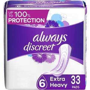 Always Discreet Incontinence Pads for Women and Postpartum Pads, Extra Heavy, 33 CT, up to 100% Bladder Leak Protection