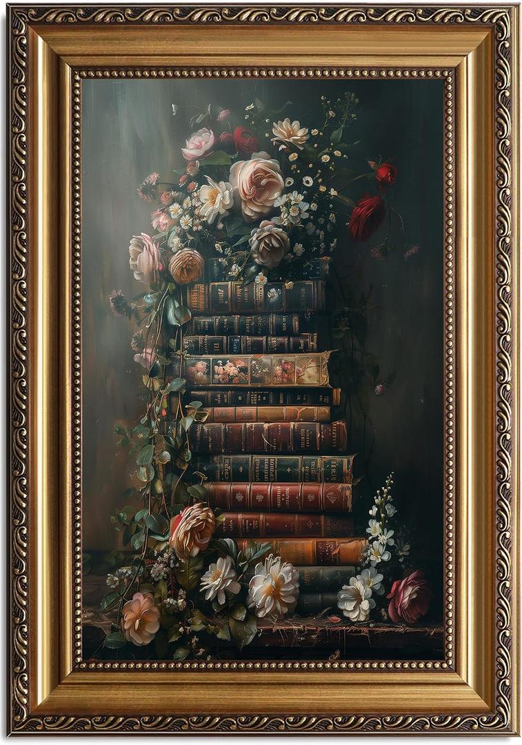 Framed Vintage Floral Wall Art - Moody Flowers Books Art Oil Painting, Vintage Wildflowers Dark Academia Floral Gallery Wall Decor Picture, Rustic Country Canvas Decor for Living Room Office 20''x30''