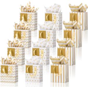 Tenare 12 Pcs Small Gift Bags Mini Metallic Paper Bag Bulk Tiny with Handle Tissue Paper for Gift Wrapping Happy Valentines Day Chinese New Year Birthday Party(4 x 2.75 x 4.5 Inch,White Gold)
