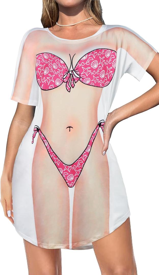 elescat Women's Beach Cover Up Bikini Printed Short Sleeve Tshirt Dress Baggy Cute Coverups (X-Large, Pink)