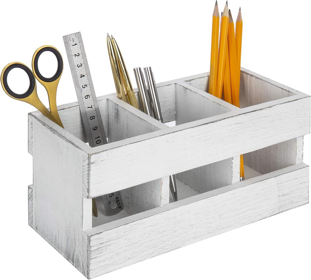 MyGift 3-Compartment Vintage White Solid Wood Desktop Office Supplies Caddy Pen Pencil Cup Holder Desk Organizer, Makeup Brush Art and Paint Brush Holder
