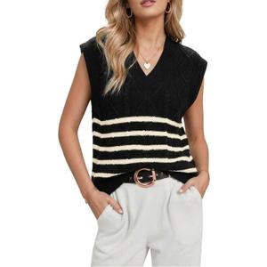 Glamaker Women Summer Striped Sweater Vest Sleeveless V Neck Knit Oversized Casual Cap Sleeve Spring Tops Trendy (L)