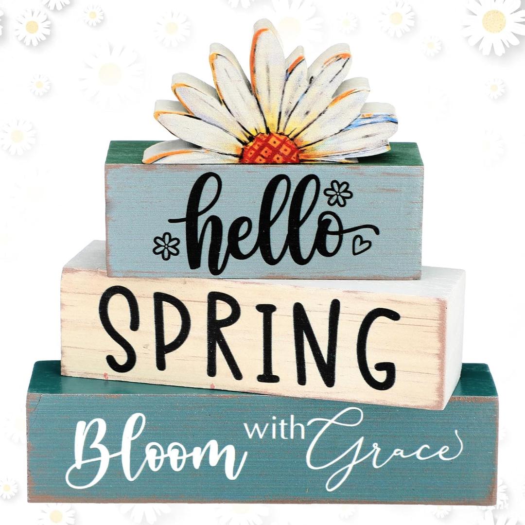Amyhill Hello Spring Decoration Easter Home Decoration Daisy Table Wooden Sign Spring Easter Centerpiece Pastel Wooden Block for Farmhouse Shelf Office Tabletop Decor