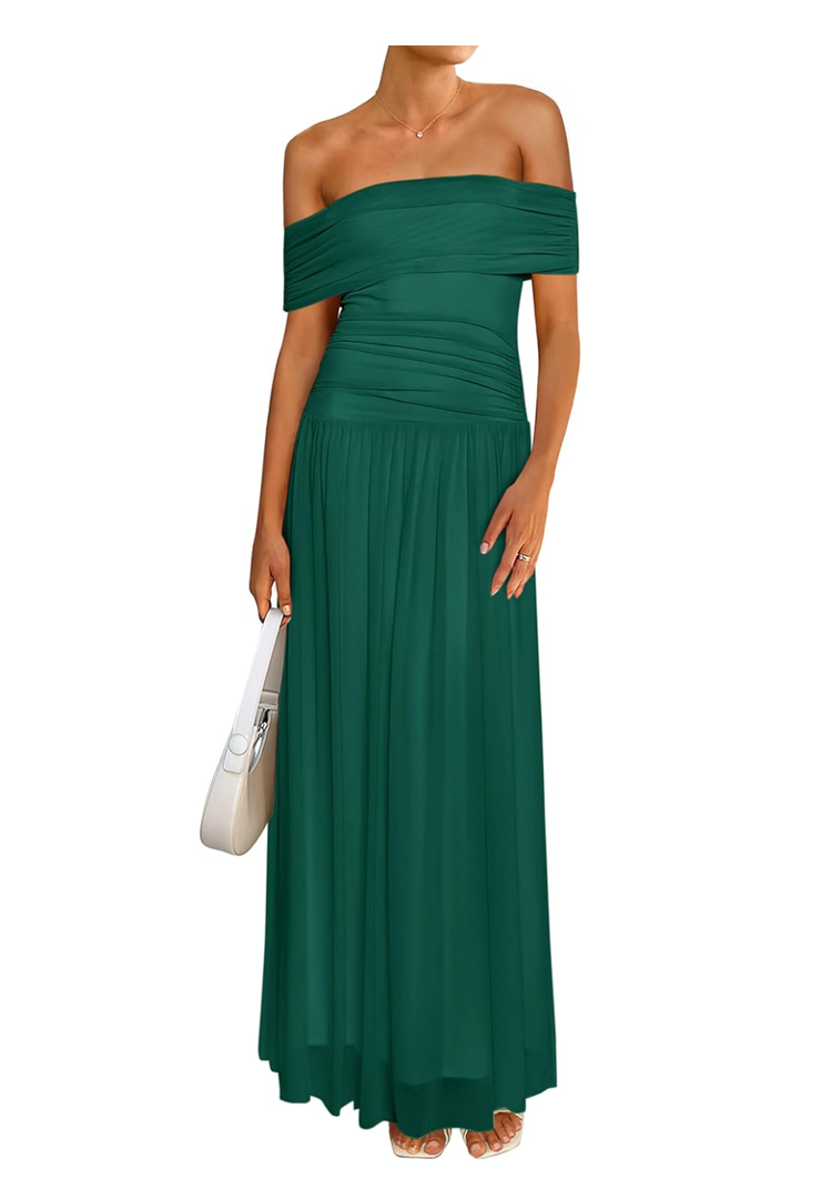 Women Off The Shoulder Mesh Maxi Dress Bodycon Ruched Formal Sleeveless Pleated Cocktail Wedding Guest Long Dresses, Size Small