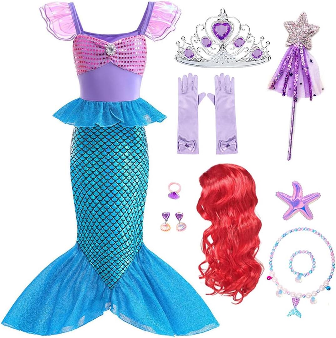 Little Girls Mermaid Costume Princess Dress Up Ariel Outfits with Accessories Wig Birthday Party Halloween Cosplay (5-6 Years, Blue)