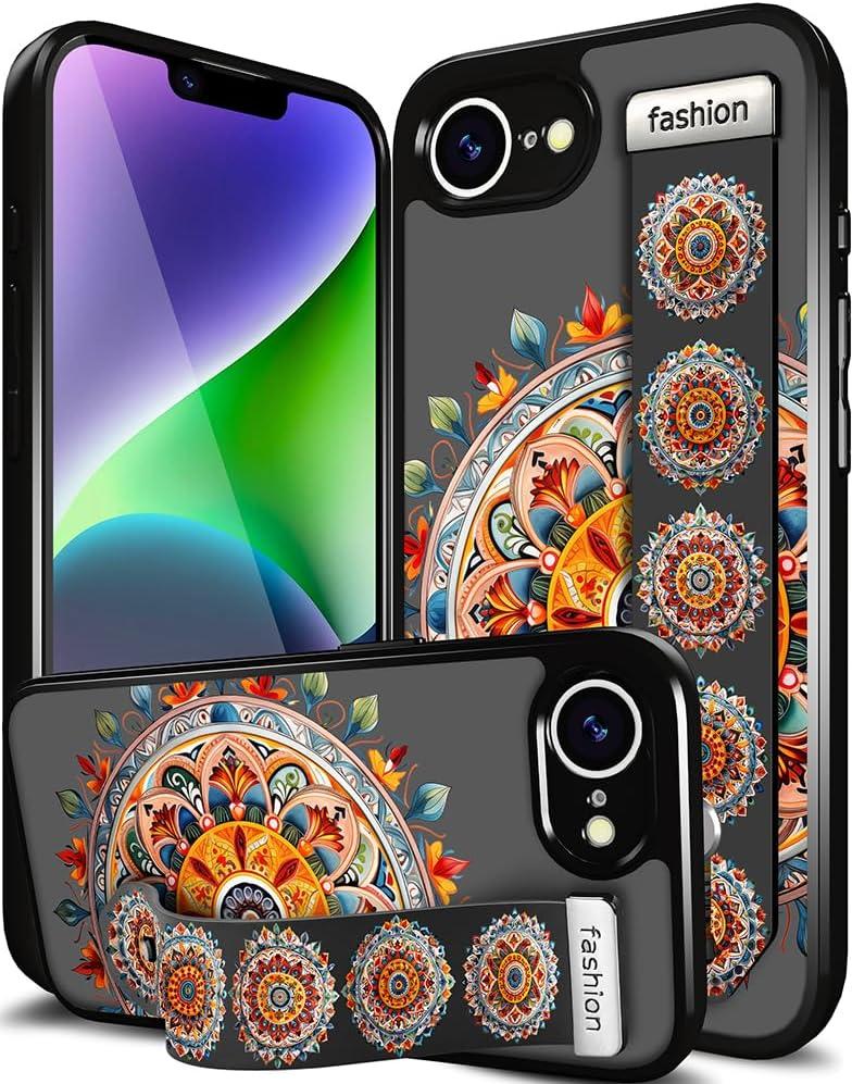 Compatible for iPhone 16e Case Cute with Strap Stand Finger Kickstand, Designer Cool Silicone Cases Funda Cover - Orange Flower Mandala