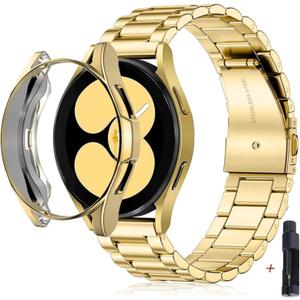 Compatible For samsung galaxy watch 6 44mm 40mm Stainless Steel Strap band with TPU case galaxy watch 6 classic 47mm 43mm case Cover (Gold)