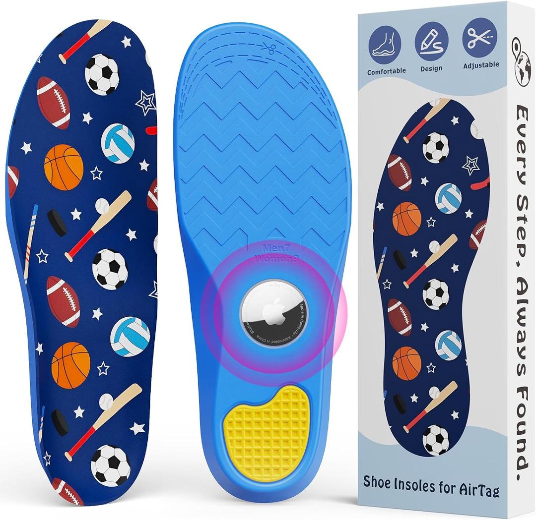 Insoles with Hidden AirTag Holder Slot, Compatible with Apple AirTag Tracker, Tracking Device Insert Case for Kids Adults and Elderly, Sports Ball Pattern & Enhanced Grip Design, Blue(175-190mm)