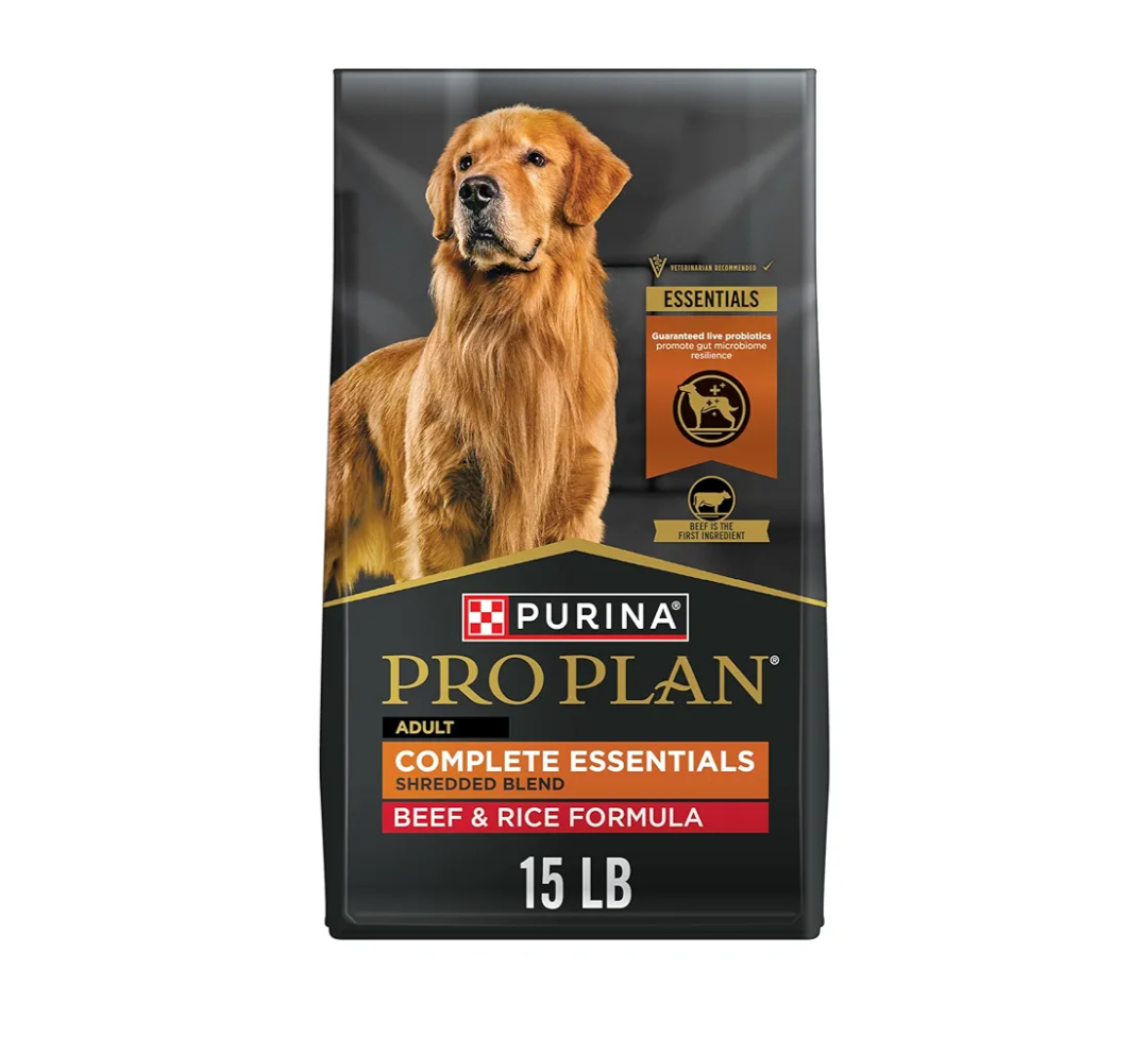 Purina Pro Plan Complete Essentials Shredded Blend Beef and Rice Dog Food Dry Formula with Probiotics for Dogs - 15 lb. Bag