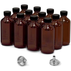 12 Pack 2oz Amber Glass Bottles for Vanilla Extract, Boston Round Leak-Proof Brown Glass Jars with Caps, Bonus Funnel - Ideal for Homemade Extracts, Essential Oils, DIY Christmas Party Gift Supplies