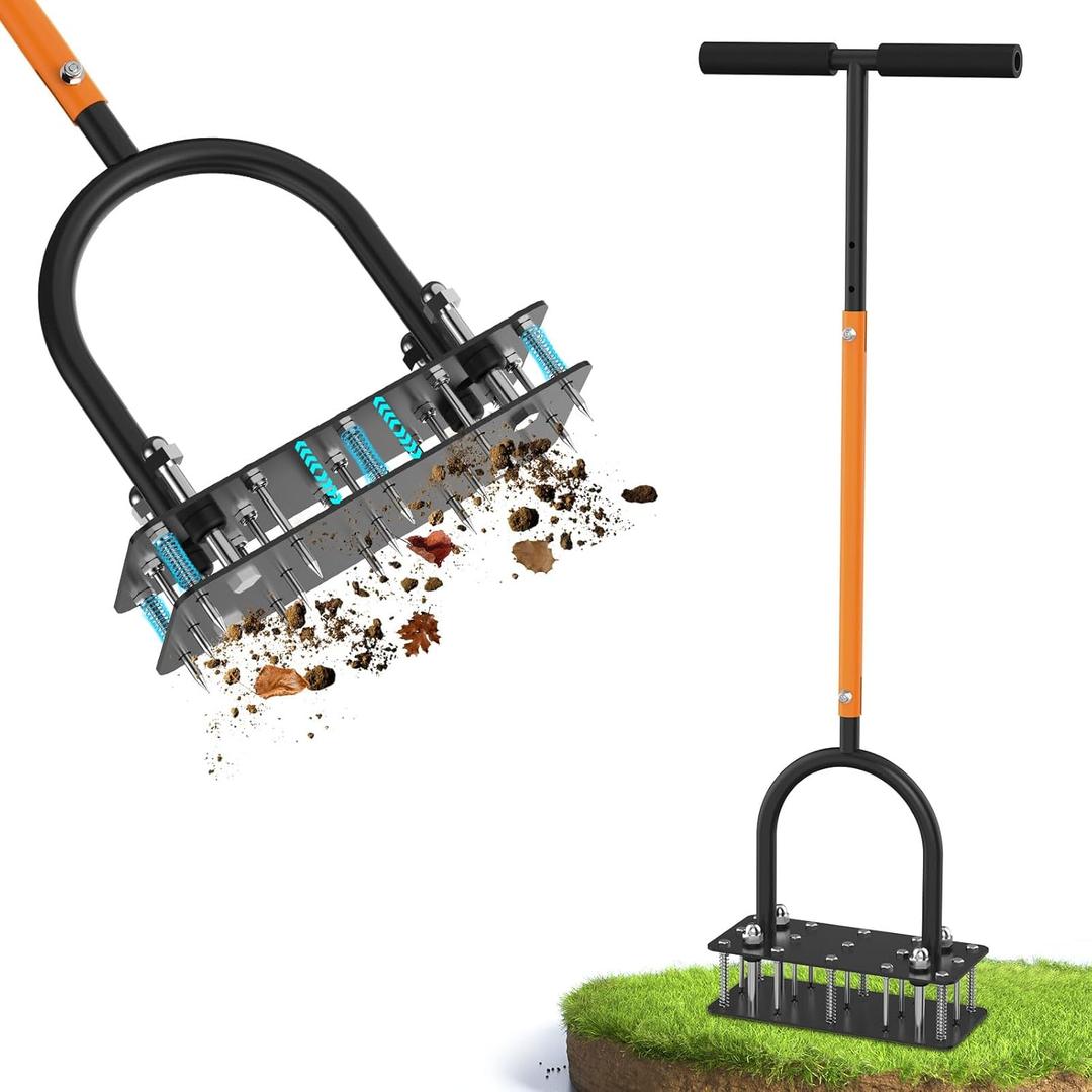 Lawn Aerator & Aerator Lawn Tool - Manual Yard Aerator for Lawn with 15 Spikes, Automatic Dirt and Leaf Clean Design, Adjustable T-Handle, Pre-Assembled Lawn Aerator Tools (Black + Orange)