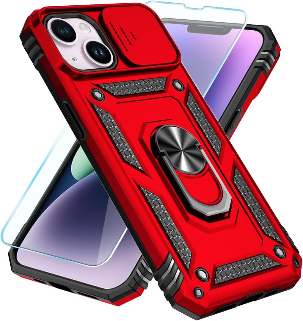 SunStory Compatible with iPhone 13 Case/iPhone 14 Case with HD Screen Protector & Slide Camera Cover & Rotated Ring Kickstand,[Military-Grade] Phone Case for iPhone 13/14(Red)
