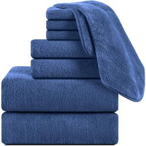 8 Pcs Navy Bath Towels Set,2 Pcs Oversized Towels 35x70 Inch/2 Pcs Hand Towels/4 Pcs Washcloth 600 GSM Bathroom Towels Quick Dry Towel Ultra Soft Absorbent Towels Set for Hotel Spa Gym