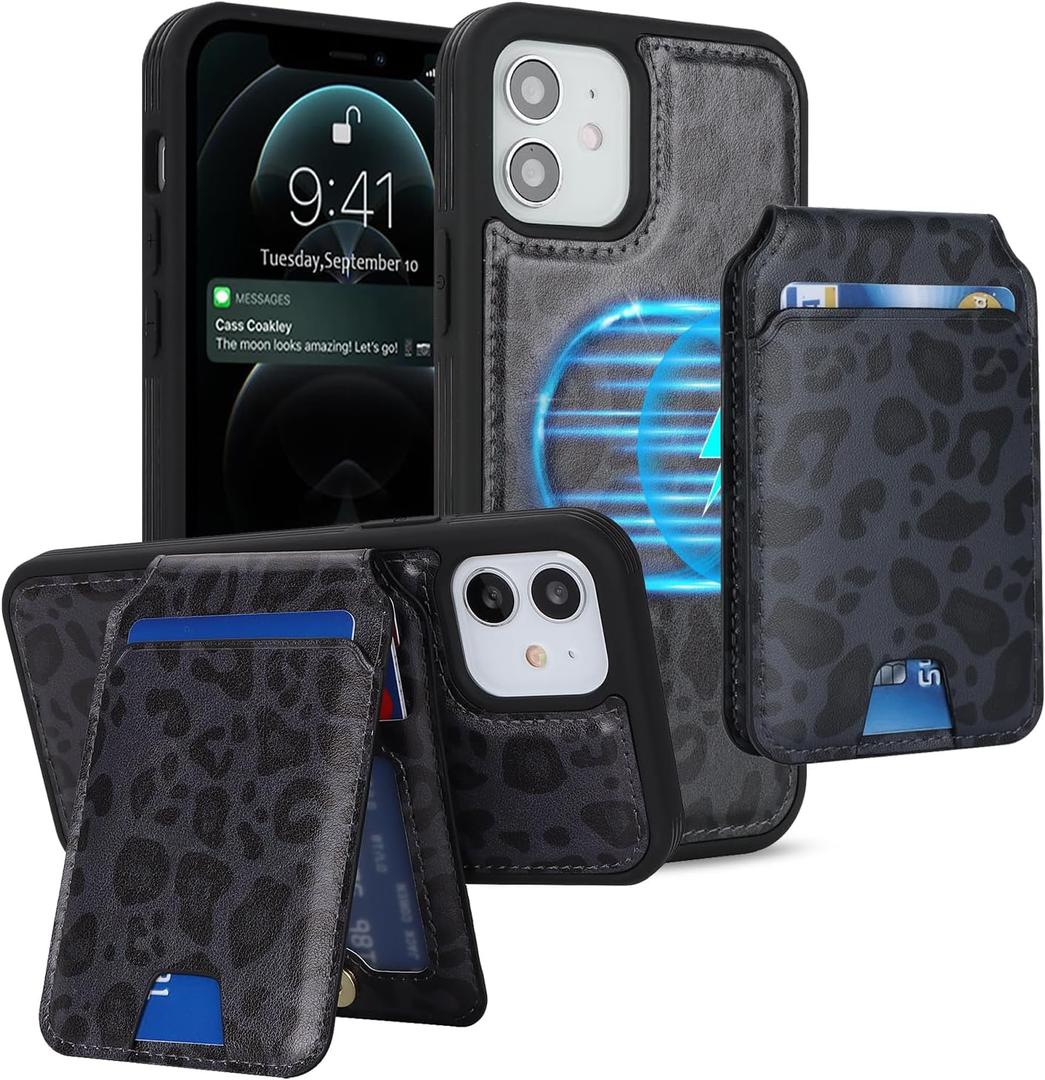 iCoverCase Wallet Case for iPhone 12/12 Pro Compatible with MagSafe, Magnetic Detachable Card Slots Holder PU Leather Kickstand Wireless Charging Case 6.1 Inch (Black Leopard)