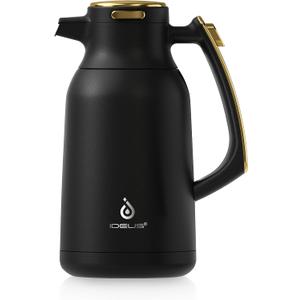 IDEUS Thermal Coffee Carafe 68oz (2,000ml), Stainless Steel Double Wall Insulated Vacuum Flask, Water Jug Coffee Server and Beverage Dispenser, Heat and Cold Retention (Black-Gold, 68oz (2,000ml))