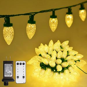 ZAIYW C9 Christmas Lights String, 66ft 100 LED Strawberry String Lights UL Plug C9 String Lights Green Wire Waterproof for Outdoor Roof Eaves Garden Yard Xmas Decor (Warm White)