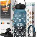 National Parks Water Bottle  32 oz Insulated Stainless Steel Water Jug with 63 Hand-Drawn Park Stickers, Outdoor Accessories & Gift Box  BPA-Free  Ideal for Hiking, Camping & Travel (Indigo/Black)