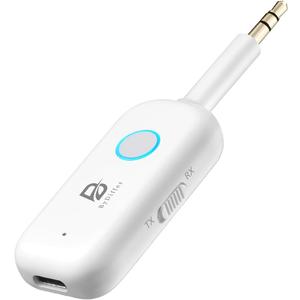 Bluetooth 5.2 Audio Transmitter Receiver for TV, Bluetooth Transmitter for Headphones, 2 BT Devices Connections, 3.5mm Jack Aux Airplane Headphone Adapter for Car/Home Stereo, White