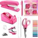 Hot Pink Desk Accessories, Hot Pink Office Supplies Accessories with Tape Dispenser, Stapler, Staple Remover, 1000 Staples, Tape, Clips Set, Ruler, Scissor, Pen