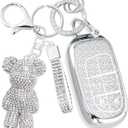 Cute Key Fob Cover with Rhinestone Bear Charm, Bling TPU Smart Key Case for Women, Compatible with Dodge Charger Challenger Durango，Jeep Wrangler Patriot Commander (5-Button, Silver)