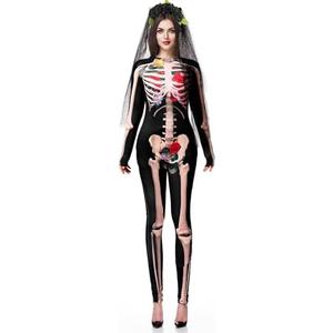 Xtinmee Women's Day of the Dead Costume with Veil Headband Halloween 3D Skeleton Costume Set for Cosplay Party, Free Size 