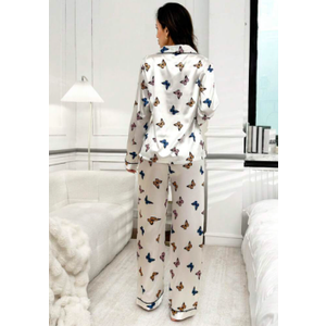 LuxeNights Polyester Butterfly Print Shirt Collar Long Sleeve Top & Pants Pajama Set Cozy And Elegant Details, Fall Large