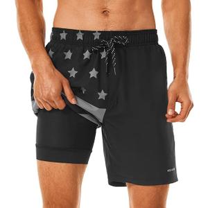 HODOSPORTS Mens Swimsuit Trunks 7" Quick-Dry Swim Shorts with Compression Liner and Zipper Pockets (Large,04 - American Flag